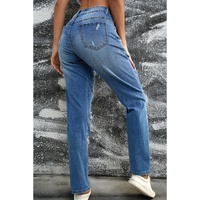 Sky Blue Sequin Pumpkin Patched Distressed Straight Leg Jeans - 8 US
