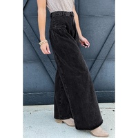 Dark Grey Pleated Wide Leg Mineral Wash Denim Pants - 10 US