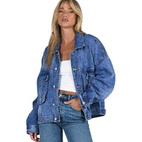 Blue Chest Pockets Drop Shoulder Loose Denim Jacket - S