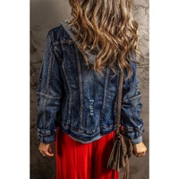 Dark Blue Fake Two-Piece Hooded Zip-Up Denim Jacket - S
