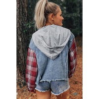 Beau Blue Plaid Print Patchwork Hooded Raw Hem Denim Jacket - L
