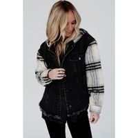 Black Plaid Sleeve Frayed Hem Hooded Denim Jacket - M