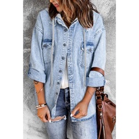 Mist Blue Oversized Contrast Hooded Denim Jacket - L
