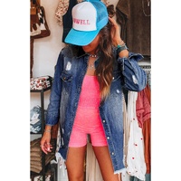 Sky Blue Light Wash Distressed Frayed Long Denim Jacket - S