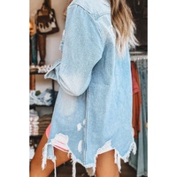 Beau Blue Mineral Wash Distressed Frayed Long Denim Jacket - XL
