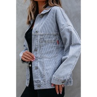 Sky Blue Stripe Washed Oversize Pocketed Denim Jacket - L
