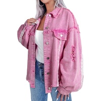 Pink Lace Patchwork Distressed Buttoned Denim Jacket - L