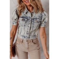 Beau Blue Light Wash Buttoned Chest Pocket Puff Sleeve Denim Jacket - L