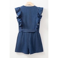 Sail Blue Denim Ruffled Zipped Front Belted Romper - L