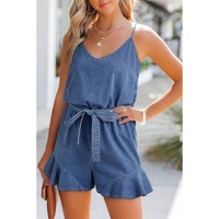 Ashleigh Blue Spaghetti Straps V Neck Belted Ruffled Leg Chambray Romper - L