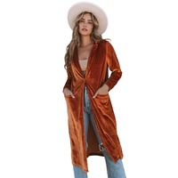 Brown Retro Velvet Long Sleeve Pocket Coat - M