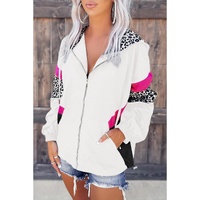 White Leopard Color Block Pockets Zip-up Hooded Jacket - L