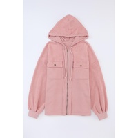 Pink Flap Pocket Drawstring Hood Zip Up Jacket - M