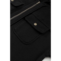 Black Flap Pocket Drawstring Hood Zip Up Jacket - S