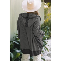 Gray Thermal Waffle Knit Full Zipper Hooded Jacket - L