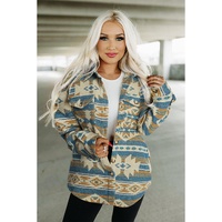 Azura Exchange Blue Western Aztec Print Button Flap Pocket Shacket - L