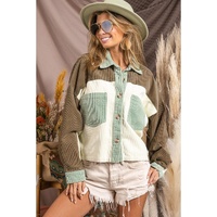 Green Color Block Patchwork Vintage Corduroy Jacket - L