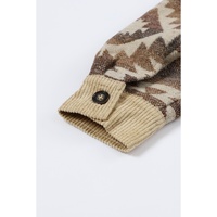 Khaki Aztec Print Patchwork Frayed Edge Corduroy Jacket - L
