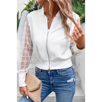 White Latticed Mesh Sleeve Zip Up Bomber Jacket - XL