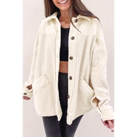 Beige Button-Up Stitching Pocket Raw Hem Shacket - L