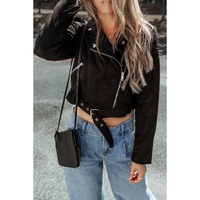 Black Asymmetric Zipper Belted Hem Jacket - L