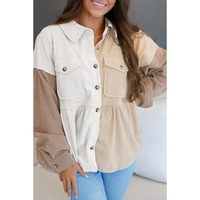 Khaki Corduroy Colorblock Button up Loose Shacket - L