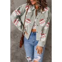 Sky Blue Sequined Santa Claus Flap Pocket Corduroy Jacket - L
