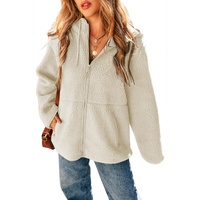 Beige Fleece Zip Up Drawstring Hooded Pocketed Jacket - M