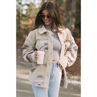Khaki Western Aztec Print Sherpa Splicing Buttoned Flap Pocket Coat - S
