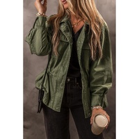 Moss Green Snap Button Zipper Tight Waist Collared Jacket - L