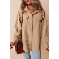 Light French Beige Solid Frilled Flap Pocket Button Up Corduroy Shacket - L