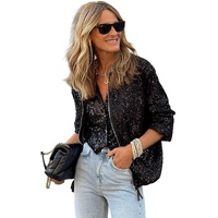 Black Sequin Zip up Round Neck Long Sleeve Jacket - L