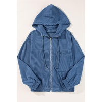 Real Teal Corduroy Drawstring Hooded Pocket Zip Up Jacket - L