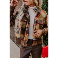 Brown Plaid Print Chest Pockets Button Zipper Stand Neck Jacket - L