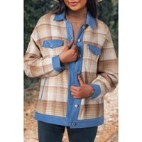 Light French Beige Plaid Patchwork Flap Detail Button Up Shacket - L