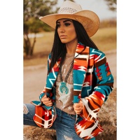 Sky Blue Aztec Printed Lapel Bell Sleeve Jacket - M