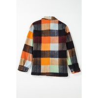 Orange Plaid Print Flap Pocket Long Jacket - S