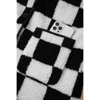 Black Checkered Side Pockets Collared Buttoned Fleece Jacket - M