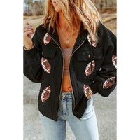 Black Sequined Rugby Football Pattern Pocketed Zipper Hooded Jacket - L