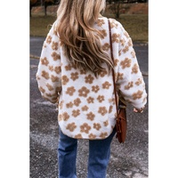 Light French Beige Cute Flower Pattern Button Up Fleece Jacket - 2XL