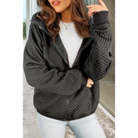 Black Quilted Side Pockets Zipper Hooded Jacket - M