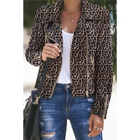 Leopard Zipped Notch Collar Short Jacket - L