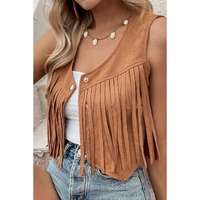 Camel Fringed Snap Button Front Suedette Vest - XL