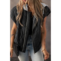 Black Quilted Drawstring Hooded Zip Up Puffer Vest - S