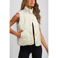 Beige Quilted High Neck Button Up Pocket Vest Coat - L