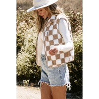Khaki Checkered Sherpa Collared Jacket Vest - S