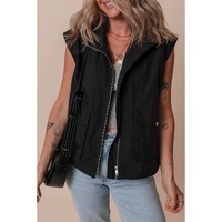 Black Flap Pockets Zip Up High Neck Vest - L