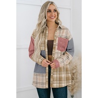 Pink Plaid Color Block Patchwork Shirt Jacket with Pocket - L