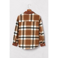 Brown Pocketed Buttoned Plaid Shirt Jacket - XL