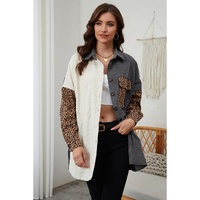 Gray Color Block Leopard Patched Corduroy Shacket - S